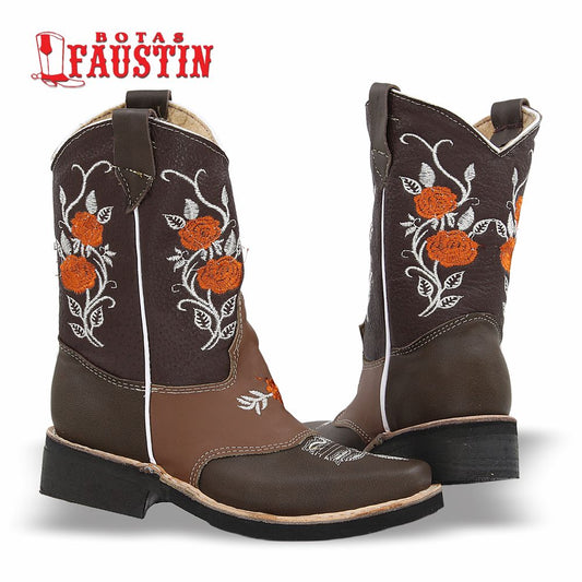 BOTA INFANTIL DE PIEL GENUINA, ESTILO 2 COLOR CAFE CAFE NARANJA – FAUSTIN